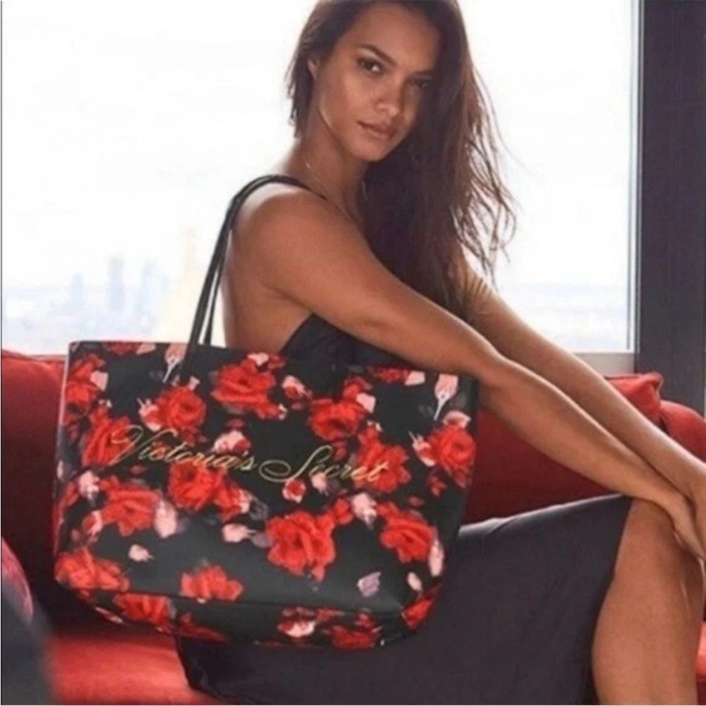 Victoria's Secret Black and Red Floral Tote NWT